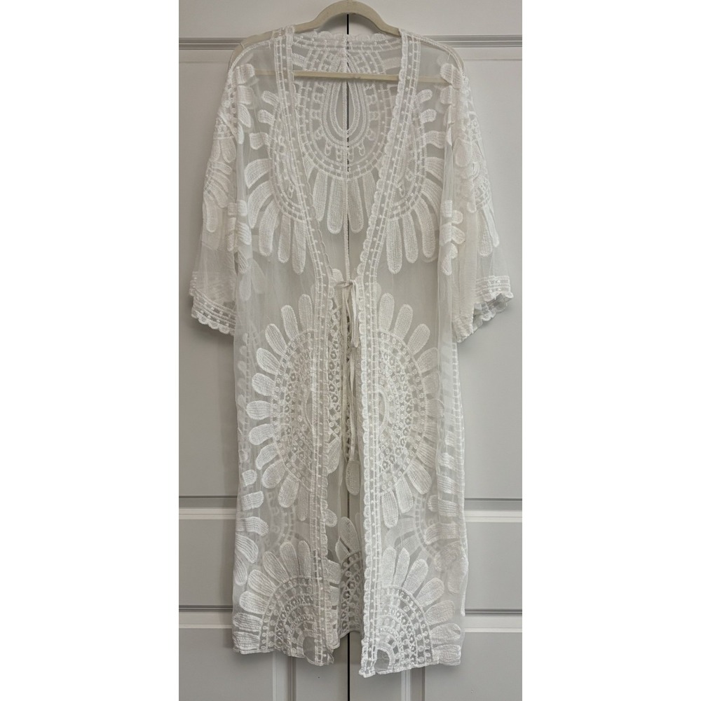 Blooming Jelly Womens Kimono Cover Up White Short Sleeve Crochet Floral Beach M